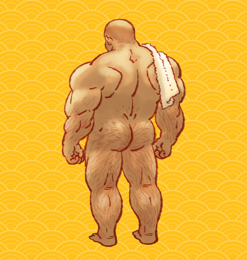 1boy absurdres arms_at_sides ass bara buzz_cut cloud_background completely_nude facing_away from_behind full_body hairy highres kemonamon male_focus muscular muscular_male nude original short_hair solo standing strongman_waist thick_arm_hair thick_ass_hair thick_leg_hair thick_thighs thighs very_short_hair yellow_background