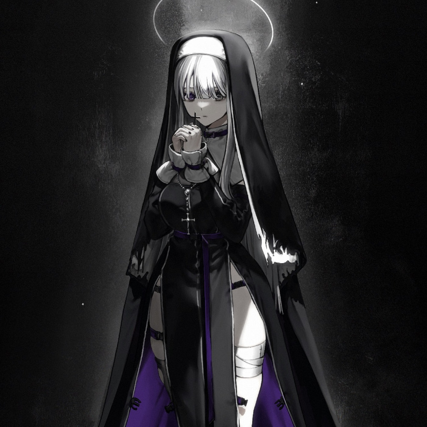 1girl album_cover bandaged_leg bandages belt black_choker black_theme breasts choker cover cross detached_collar feet_out_of_frame habit halo heterochromia highres holding holding_cross leg_belt medium_breasts official_art original own_hands_clasped own_hands_together pelvic_curtain purple_belt rosary side_slit solo torn_clothes two-sided_fabric youichi_(45_01)