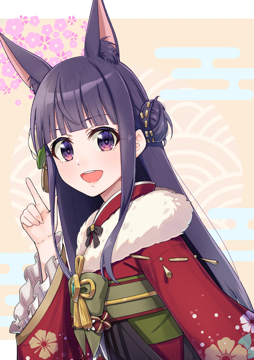 1girl absurdres animal_ear_fluff animal_ears blunt_bangs dog_ears dog_girl extra_ears floral_print highres japanese_clothes k-ya. kasumi_(princess_connect!) kimono long_hair looking_at_viewer new_year obi open_mouth princess_connect! purple_eyes purple_hair red_kimono sash sidelocks smile solo very_long_hair