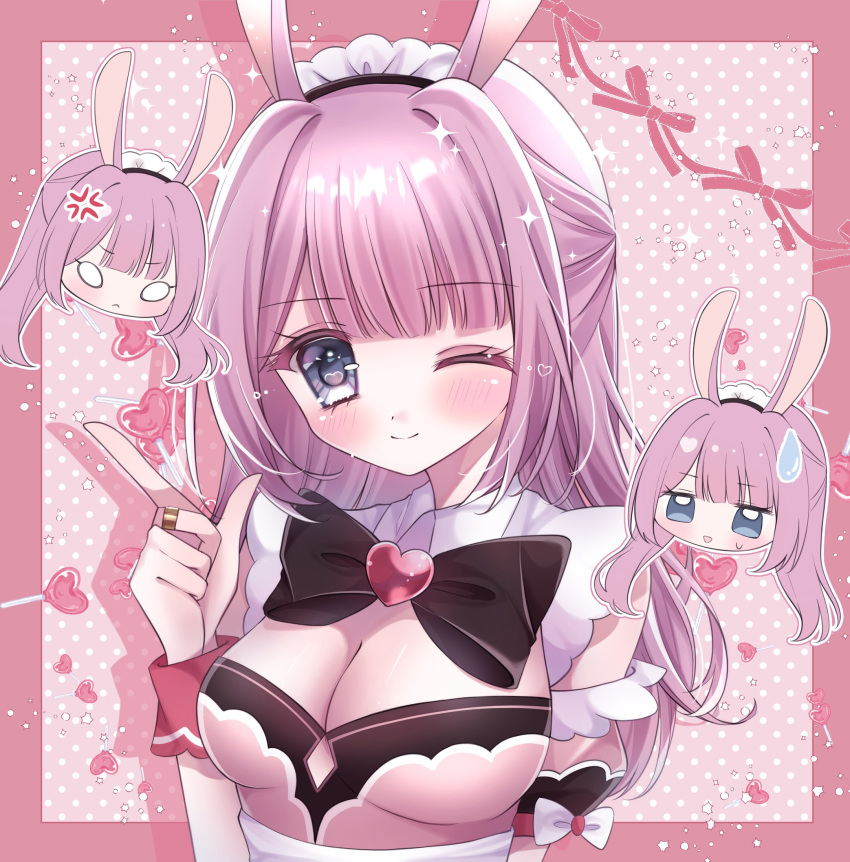 1girl :&lt; ;q anger_vein animal_ears arm_at_side assault_lily black_bow black_bowtie blank_eyes blue_eyes blunt_bangs blush border bow bowtie breasts candy chibi chibi_inset closed_mouth commentary_request detached_sleeves food frilled_sleeves frills half_updo hand_up heart heart-shaped_lollipop highres index_finger_raised jewelry kemonomimi_mode lollipop long_hair looking_at_viewer maid maid_headdress medium_breasts mi_(unjour) multiple_views official_alternate_costume official_alternate_hairstyle one_eye_closed outside_border parted_lips pink_background pink_hair pink_shirt polka_dot polka_dot_background puffy_detached_sleeves puffy_short_sleeves puffy_sleeves rabbit_ears rabbit_girl red_border red_bow ring sadamori_himeka shaped_lollipop shirt short_sleeves sleeve_bow sleeveless sleeveless_shirt smile sparkle sweatdrop tongue tongue_out upper_body white_bow wrist_cuffs