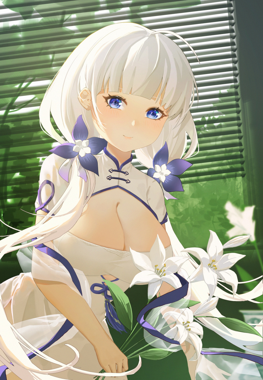 1girl absurdres azur_lane blue_eyes blue_flower breasts china_dress chinese_clothes cleavage dress flower franciszabie hair_flower hair_ornament highres huge_breasts illustrious_(azur_lane) illustrious_(maiden_lily's_radiance)_(azur_lane) indoors large_breasts leaning_forward lily_(flower) official_alternate_costume short_sleeves solo tri_tails white_dress white_flower white_hair