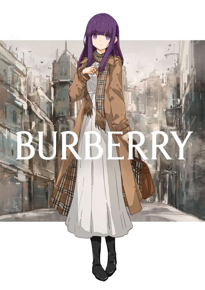 1girl absurdres bag black_footwear blunt_bangs boots brown_bag brown_coat brown_scarf burberry_(brand) coat commentary_request contemporary dress expressionless fern_(sousou_no_frieren) full_body hand_up handbag highres letterboxed long_hair long_sleeves looking_at_viewer outdoors plaid plaid_scarf product_placement purple_eyes purple_hair scarf solo sousou_no_frieren t.k.c two-sided_coat two-sided_fabric white_dress