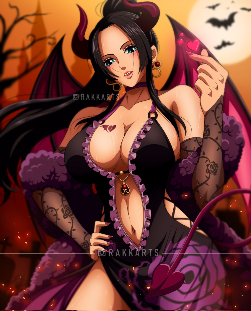 1girl bat_(animal) bat_wings black_hair blue_eyes blush boa_hancock breasts cleavage cross-laced_clothes cross-laced_dress detached_sleeves dress english_commentary floral_print fur_trim halloween halloween_costume hand_on_own_hip heart heart_hands highres jewelry large_breasts light_smile long_hair nail_polish navel one_piece outdoors purple_nails rakara11_(rakkarts) revealing_clothes thighs two-tone_dress very_long_hair wings