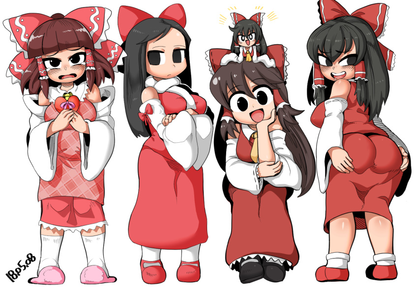 5girls :d apron ascot ass black_eyes black_footwear black_hair blunt_bangs blush book bow box breasts brown_hair closed_mouth collared_shirt commentary_request cookie_(touhou) crossed_arms dated detached_sleeves dress empty_eyes frilled_bow frilled_hair_tubes frilled_shirt_collar frills full_body hair_bow hair_tubes hakurei_reimu hand_on_own_cheek hand_on_own_face head_tilt heart-shaped_box holding holding_book hotaruda_(cookie) large_breasts leaning_forward long_hair looking_at_viewer looking_back medium_bangs mini_person minigirl multiple_girls noel_(cookie) open_mouth pink_apron pink_footwear red_bow red_dress red_footwear red_shirt red_skirt rurima_(cookie) shinonome_(cookie) shiromiya_rei shirt shoes short_bangs sidelocks simple_background skirt skirt_set sleeve_bow sleeveless sleeveless_dress sleeveless_shirt slippers smile solo_focus standing tetugakuzonbi touhou white_background white_sleeves wide_sleeves yellow_ascot