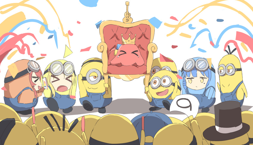 &gt;_&lt; 3girls absurdres ahoge blonde_hair blue_hair blue_overalls bocchi_the_rock! chair closed_eyes commentary_request confetti cosplay crown cube_hair_ornament despicable_me detached_ahoge goggles gotoh_hitori gotoh_hitori_(octopus) hair_ornament highres ijichi_nijika kaai_yuu kita_ikuyo minion_(despicable_me) minion_(despicable_me)_(cosplay) minions_(movie) multiple_girls multiple_others on_chair overalls red_hair simple_background standing white_background yamada_ryo yellow_eyes