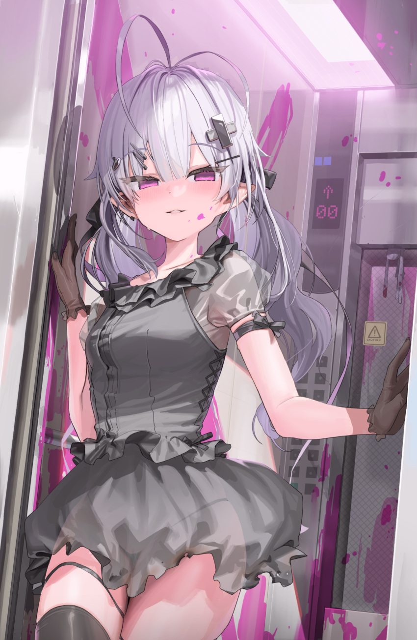 1girl antenna_hair black_dress black_panties black_thighhighs blush breasts commentary dress elevator gloves grey_hair hair_ornament hairclip highres kanzarin long_hair looking_at_viewer original panties parted_lips pink_eyes pointy_ears puffy_short_sleeves puffy_sleeves see-through see-through_dress shinomiya_kanna short_dress short_sleeves small_breasts smile solo thigh_strap thighhighs underwear