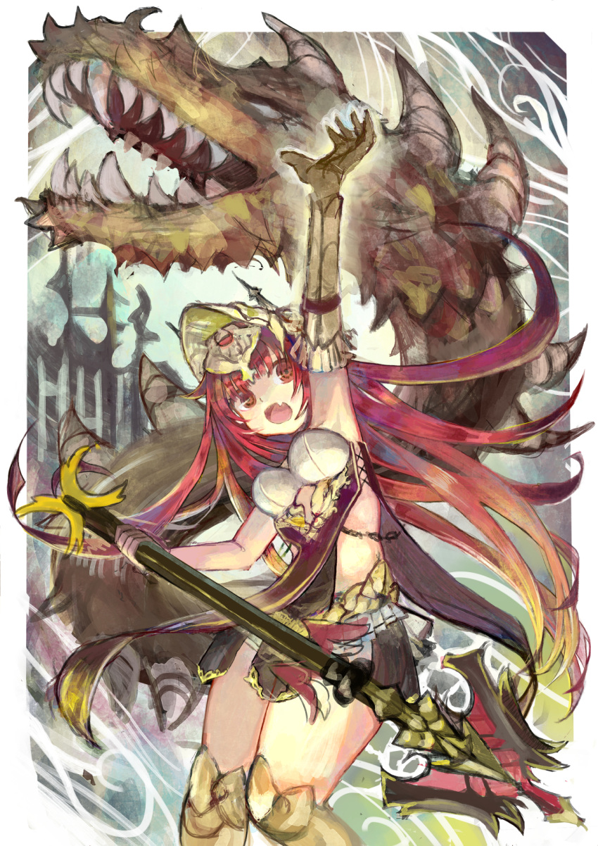 1girl arm_up black_cape black_skirt blonde_hair blunt_bangs border breasts brown_eyes cape dragon fang fantasy glowing glowing_hand gradient_hair helmet highres holding holding_staff horns leg_armor long_hair looking_at_viewer miniskirt multicolored_hair ogimotozukin open_mouth original outside_border red_hair scales sharp_teeth skirt small_breasts staff standing teeth thighs two-tone_hair western_dragon white_border