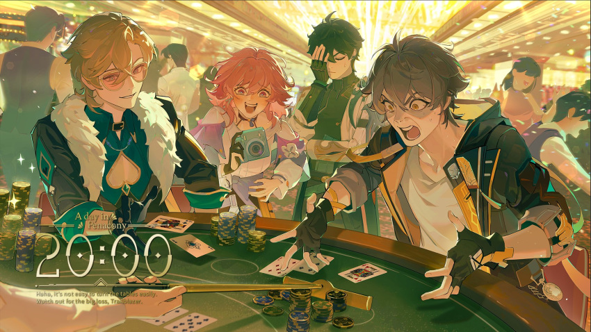 2girls 6+boys ahoge ameriya arm_up aventurine_(honkai:_star_rail) black_choker black_gloves black_hair blackjack_table caelus_(honkai:_star_rail) camera card casino casino_card_table ceiling_light choker closed_eyes collared_shirt dan_heng_(honkai:_star_rail) earrings english_commentary english_text fur_trim gloves green_shirt grey_hair grin hand_on_own_face hand_up hands_up highres holding holding_camera honkai:_star_rail honkai_(series) jewelry laughing long_sleeves march_7th_(honkai:_star_rail) medium_hair multicolored_eyes multiple_boys multiple_girls open_mouth outstretched_arms outstretched_hand parted_lips pink-tinted_eyewear pink_eyes pink_hair playing_card pocket_watch poker_chip shirt single_earring smile surprised sweat sweatdrop table tinted_eyewear trailblazer_(honkai:_star_rail) upper_body watch white_shirt yellow_eyes