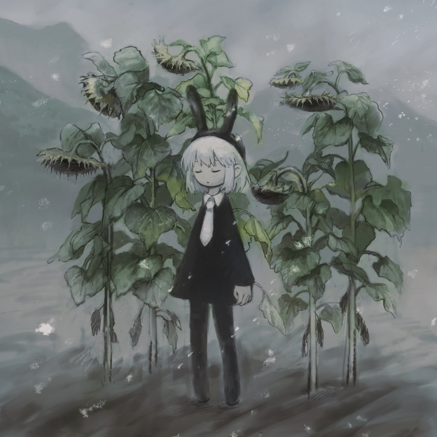 1girl animal_ears arms_at_sides black_dress closed_eyes closed_mouth collared_dress commentary dress fake_animal_ears flower grey_hair highres kezuru long_sleeves mountain necktie original outdoors rabbit_ears short_hair solo standing sunflower white_necktie wilted_flower