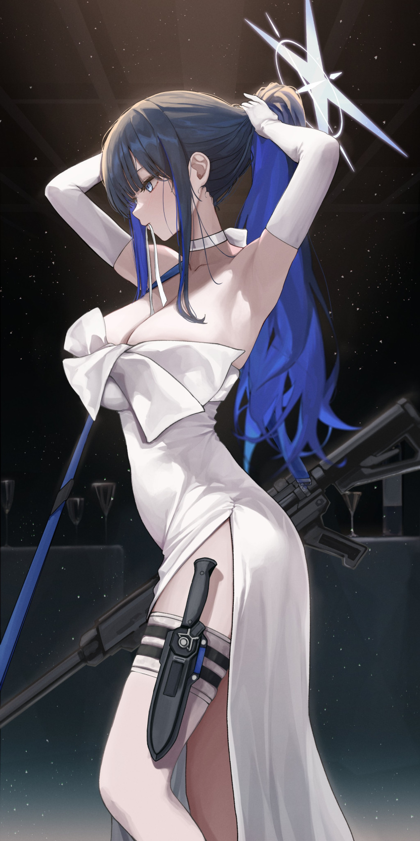 1girl absurdres adjusting_hair armpits arms_up black_hair blue_archive blue_eyes blue_hair breasts choker cleavage colored_inner_hair commentary_request cup dark_background dress drinking_glass elbow_gloves from_side gloves gwan-e halo highres holster knife_sheath large_breasts light_particles looking_to_the_side mouth_hold multicolored_hair official_alternate_costume parted_bangs ponytail saori_(blue_archive) saori_(dress)_(blue_archive) sheath side_slit sig_516 solo thigh_holster thighhighs white_choker white_dress white_gloves white_thighhighs