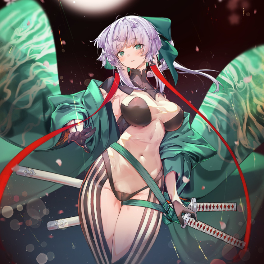 1girl armpit_cutout belt black_bodysuit black_kimono blush bodysuit braided_hair_rings breasts clothing_cutout covered_navel earrings fate/grand_order fate/samurai_remnant fate_(series) green_eyes green_kimono hair_ribbon highres japanese_clothes jewelry katana kimono large_breasts long_hair long_sleeves looking_at_viewer off_shoulder open_clothes open_kimono ponytail ribbon sidelocks solo sword thigh_cutout thighs two-tone_bodysuit ura_illust weapon white_bodysuit white_hair wide_sleeves yui_shousetsu_(fate) yui_shousetsu_(first_ascension)_(fate) yui_shousetsu_(second_ascension)_(fate)