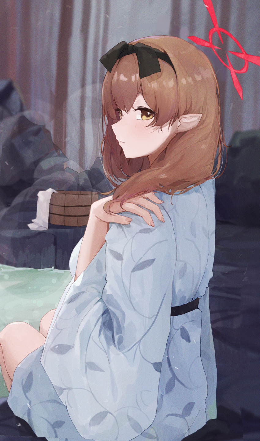 1girl absurdres bath_yukata black_hairband blue_archive blush brown_hair bucket chinatsu_(blue_archive) chinatsu_(hot_spring)_(blue_archive) hairband halo highres japanese_clothes jianjia kimono looking_at_viewer official_alternate_costume onsen patterned_clothing pointy_ears sitting solo white_towel wooden_bucket yukata