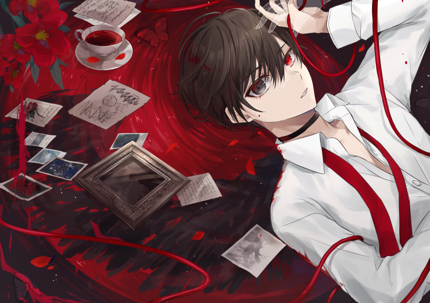 1boy ambiguous_red_liquid black_eyes brown_hair bug butterfly child's_drawing choker collared_shirt cup flower heterochromia highres ichimishiyu long_sleeves looking_at_viewer lying male_focus necktie on_back original paper parted_lips partially_unbuttoned photo_(object) picture_frame red_eyes ribbon shirt short_hair solo_focus teacup undone_necktie