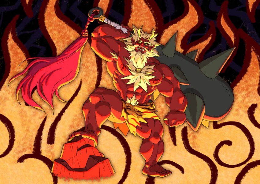 1boy abs absurdres angry animal_print bara beard blonde_hair club_(weapon) colored_skin facial_hair fiery_background fire frown full_beard highres horns huge_pectorals huge_weapon kanabou kemonamon loincloth long_beard looking_at_viewer male_focus mature_male monster_boy muscular muscular_male navel navel_hair nipples oni original over_shoulder pointy_ears red_oni red_skin solo spiked_club stomach thick_beard thick_eyebrows thick_navel_hair thick_thighs thighs tied_beard tiger_print very_long_beard weapon weapon_over_shoulder yellow_eyes yellow_horns