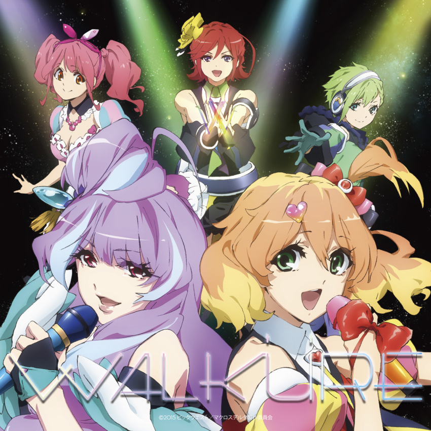 5girls :d album_cover animal_ears aqua_eyes aqua_gloves arm_at_side blonde_hair blue_eyes blue_hair bow breasts cleavage closed_mouth collared_shirt cover detached_collar detached_sleeves dot_nose everyone fascinator fingerless_gloves freyja_wion furrowed_brow gang_sign gloves green_eyes green_hair group_name half_gloves headphones high_side_ponytail highres holding holding_microphone idol kaname_buccaneer light_blue_hair macross macross_delta makina_nakajima matching_outfits medium_breasts microphone mikumo_guynemer multicolored_hair multiple_girls official_art orange_hair outstretched_arm outstretched_hand pink_hair pink_lips puffy_detached_sleeves puffy_short_sleeves puffy_sleeves purple_eyes purple_hair rabbit_ears red_bow red_eyes red_hair reina_prowler shirt short_hair short_sleeves smile streaked_hair updo upper_body walkure_(macross_delta) wrist_bow