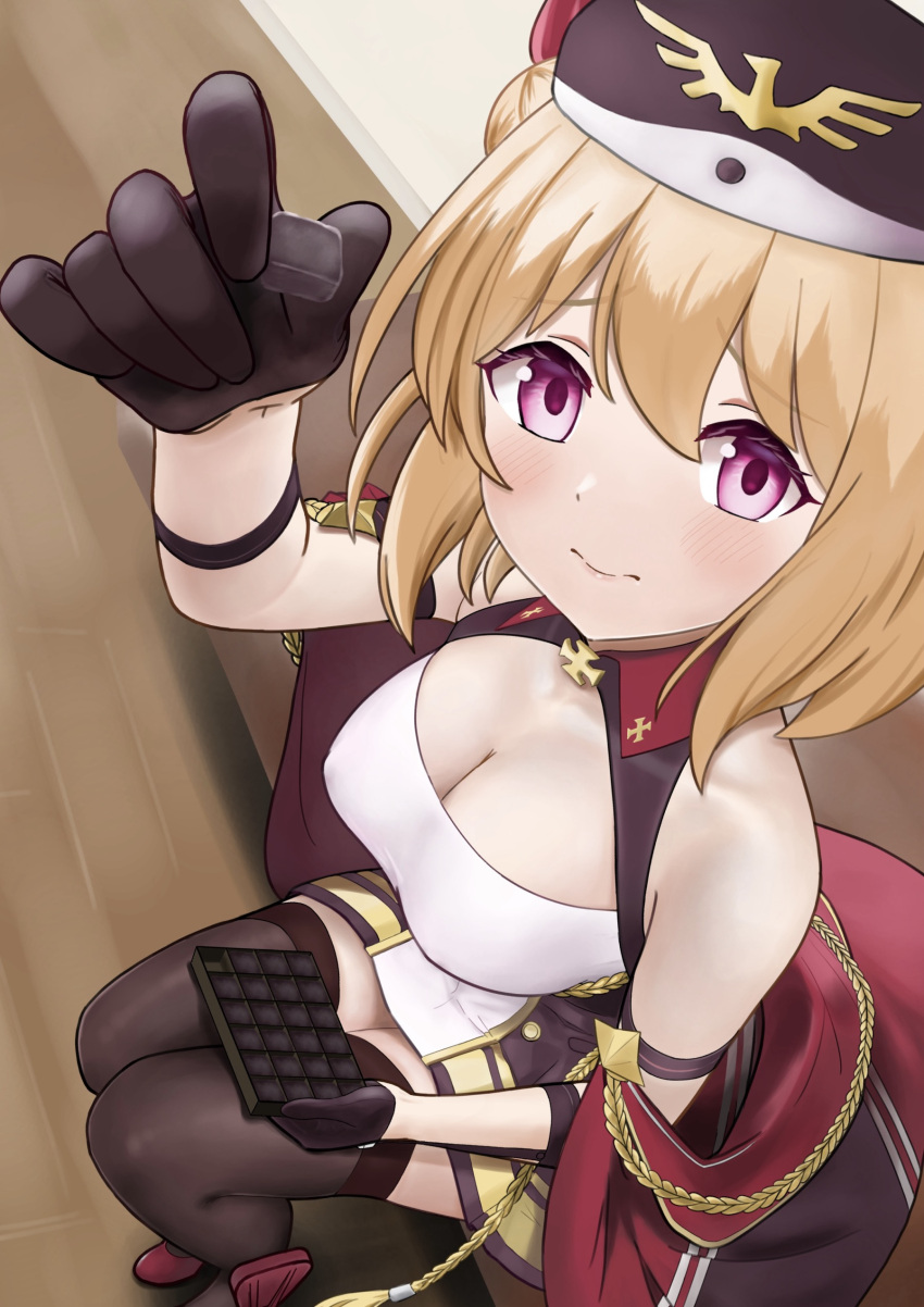 1girl absurdres arm_strap azur_lane bare_shoulders black_gloves black_straps blonde_hair blush breasts chocolate cleavage cleavage_cutout clothing_cutout covered_nipples cross dress food from_above full_body gloves hair_between_eyes hand_up hat highres holding holding_chocolate holding_food incoming_food iron_cross kotto-koto legs_together leipzig_(azur_lane) looking_at_viewer looking_up medium_breasts medium_hair nervous_smile no_bra pink_eyes sitting sleeveless sleeveless_dress smile solo thighhighs