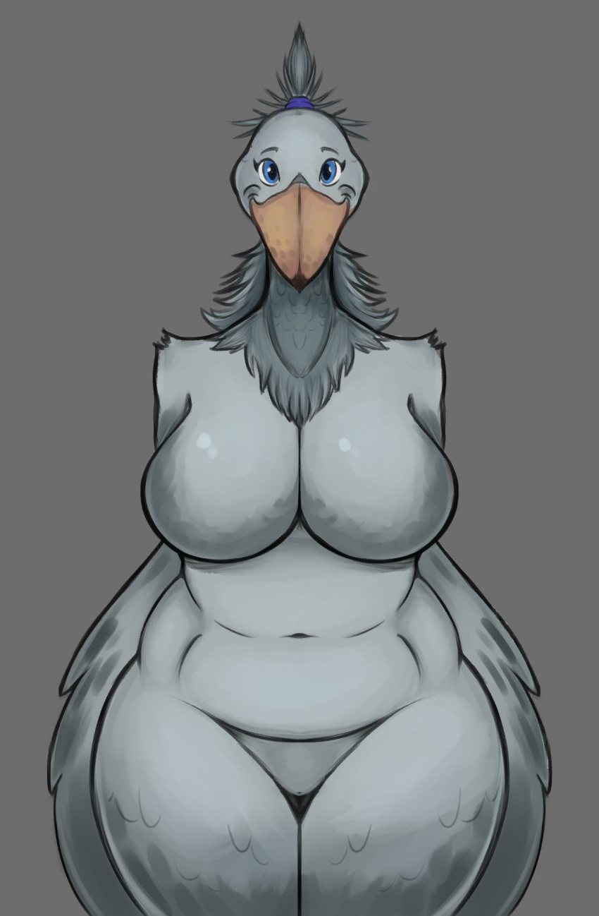 accessory anthro avian big_breasts bird blue_eyes breasts curvy_figure feathered_wings feathers featureless_breasts featureless_crotch female grey_background grey_body grey_feathers hair_accessory hair_tie head_feathers hi_res huge_breasts looking_at_viewer mature_anthro mature_female navel neck_tuft nude pelecaniform seb_valenz shoebill simple_background smile solo thick_thighs tuft voluptuous wide_hips winged_arms wings
