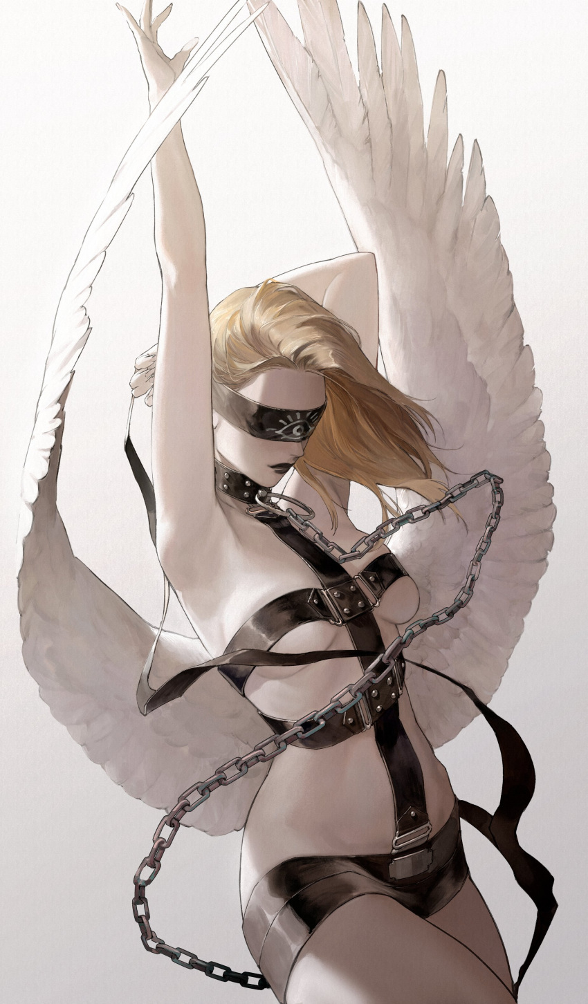1girl absurdres angel angel_(megami_tensei) angel_wings arm_behind_head arm_up armpits black_lips blindfold blonde_hair bondage_outfit breasts chain chain_leash collar commentary covered_eyes cowboy_shot evina_ic eye_print feathered_wings fingernails highres leash medium_breasts medium_hair revealing_clothes shin_megami_tensei skindentation solo studded_collar white_background wings