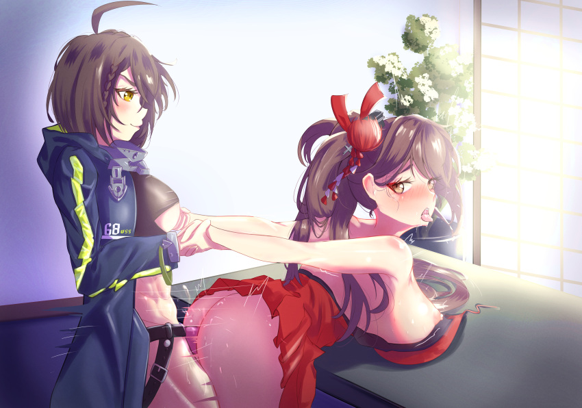 2girls abs absurdres ahoge ass azur_lane baltimore_(azur_lane) bent_over blush breast_rest breasts breasts_on_table breasts_out brown_hair cowboy_shot dildo doggystyle flower from_side full-face_blush grabbing grabbing_from_behind hair_flower hair_ornament highres holding_another's_wrist huge_ahoge indoors large_breasts long_hair medium_breasts multiple_girls nipples open_mouth red_flower rory_ame sex sex_from_behind sex_toy short_hair strap-on tongue tongue_out very_long_hair yellow_eyes yuri zuikaku_(azur_lane)