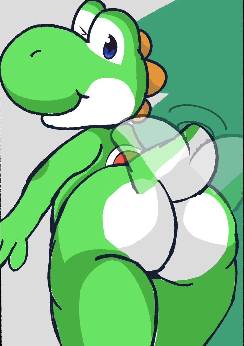 absurd_res anthro back big_(disambiguation) butt dinim green green_body hi_res invalid_tag male male/male mario_bros mostly nintendo nude simple_background solo yoshi yoshi_(character)