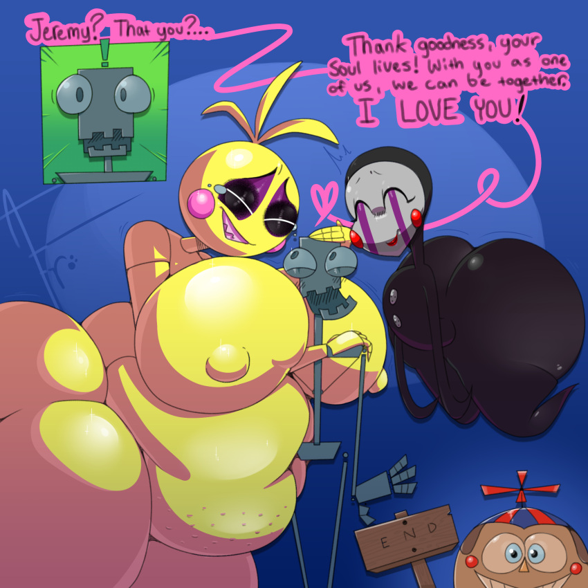 afraart after_vore animatronic avian balloon_boy_(fnaf) belly big_belly big_breasts bird breasts chicken english_text female five_nights_at_freddy's five_nights_at_freddy's_2 galliform gallus_(genus) hi_res machine marionette_(fnaf) nipples phasianid robot scottgames text toy_chica_(fnaf) vore