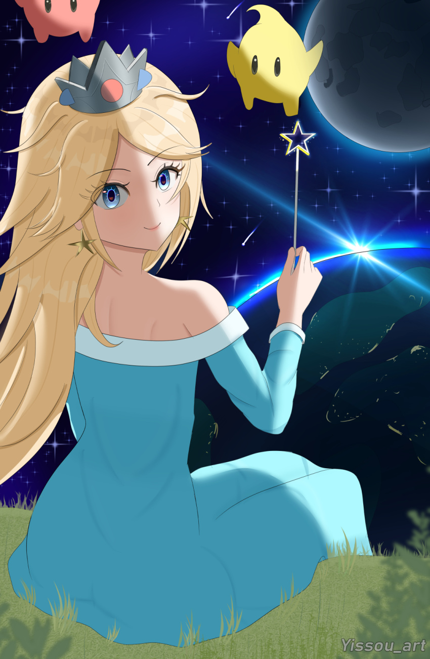 1girl alternate_costume alternate_hairstyle blonde_hair blue_eyes blush breasts earth_(planet) from_behind galaxy highres long_hair looking_at_viewer looking_back luma_(mario) makeup mario moon nintendo planet rosalina solo twitter_username yissou_art