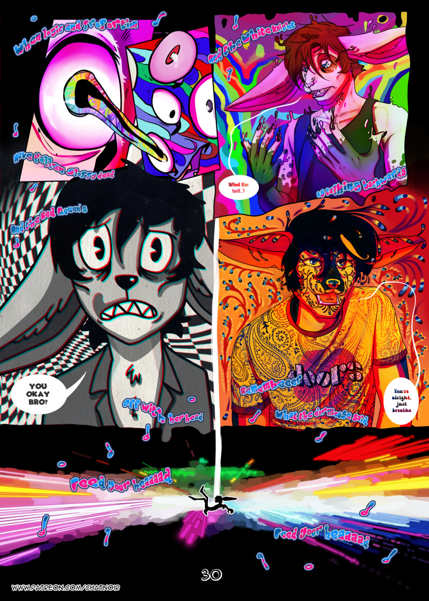 abstract_background adrian_donovan anthro bassariscus brother_(lore) brothers_(lore) clothed clothing comic dialogue digital_media_(artwork) drugged drugs english_text fur group hair hi_res lagomorph laudanumserum leporid letho_donovan long_ears male mammal monochrome music open_mouth procyonid psychedelic psychedelic_background rabbit ring-tailed_cat rubberhose shaun_robbins sibling_(lore) smile solo song speech_bubble substance_intoxication teeth text tongue toony trio twins_(lore) white_body white_fur