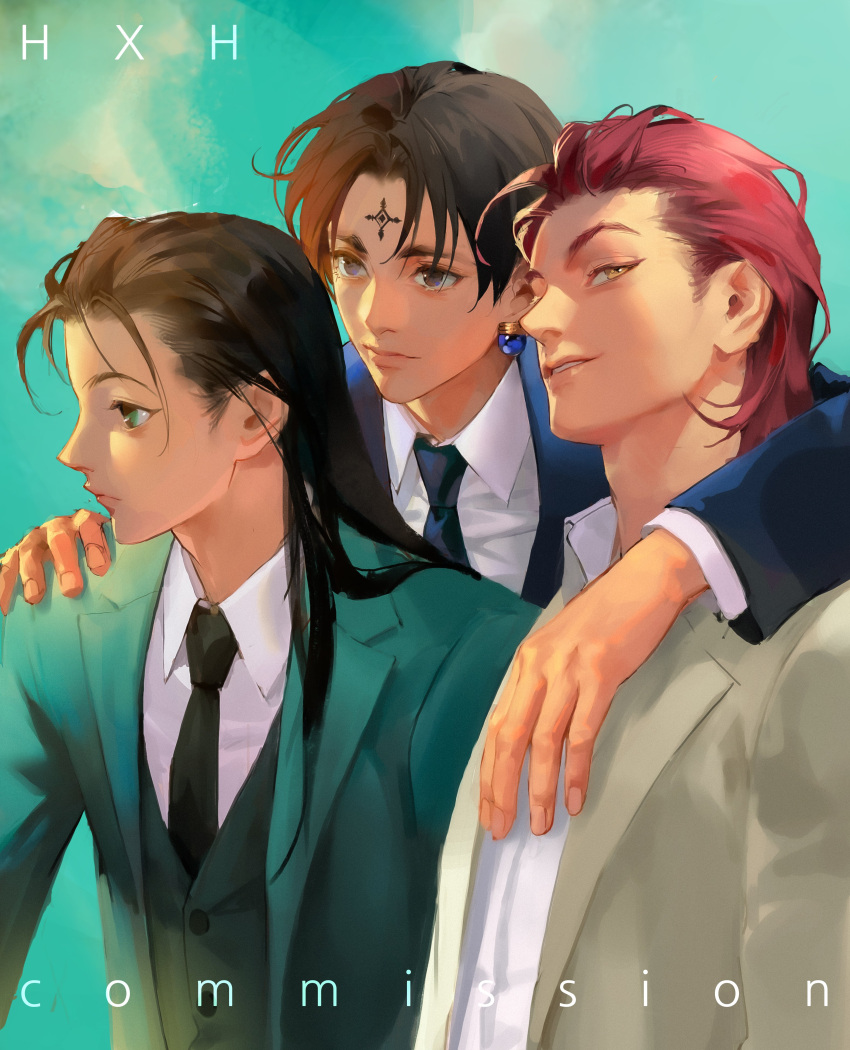 3boys absurdres alternate_costume arm_behind_head black_eyes black_hair black_suit blue_jacket brown_jacket business_suit chrollo_lucilfer closed_mouth collared_jacket collared_shirt copyright_name cropped_torso cross_tattoo dress_shirt earrings facial_mark facial_tattoo forehead_mark forehead_tattoo formal green_jacket green_vest hair_slicked_back hand_on_another's_shoulder highres hisoka_morow holding hunter_x_hunter illumi_zoldyck jacket jewelry jidaart lips long_hair long_sleeves looking_ahead looking_to_the_side male_focus medium_hair mullet multiple_boys necktie open_clothes open_jacket parted_lips red_hair shirt short_hair simple_background smile sphere_earrings suit tattoo upper_body vest white_shirt yellow_eyes