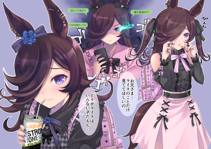1girl absurdres alternate_costume animal_ears backpack bag belt black_shirt bow brown_hair can cellphone center_frills closed_mouth clothing_cutout commentary_request drinking_straw ear_bow ear_piercing flaming_eye frilled_shirt_collar frills frown hair_over_one_eye hands_up highres holding holding_can holding_phone horse_ears horse_girl horse_tail inui_sekihiko jewelry jirai_kei lips long_hair long_sleeves multiple_views nail_polish neck_ribbon open_mouth phone piercing pink_shirt pink_skirt purple_eyes ribbon rice_shower_(umamusume) ring shirt shirt_tucked_in shoulder_cutout skirt smartphone speech_bubble strong_zero tail translation_request two_side_up umamusume