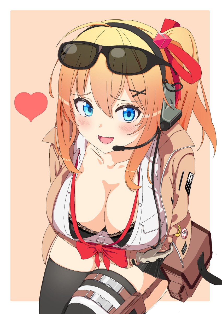 1girl ahoge arms_under_breasts bag black-framed_eyewear black_bra black_thighhighs blonde_hair blue_eyes blush border bow bowtie bra breasts brown_jacket cleavage collarbone commentary_request cowboy_shot cube_hair_ornament downblouse eyewear_on_head furrowed_brow girls'_frontline gloves gradient_hair griffin_&amp;_kryuger hair_between_eyes hair_ornament hair_ribbon hairclip headset heart highres jacket kalina_(girls'_frontline) kamaboko_uehaasu lace-trimmed_bra lace_trim large_breasts leaning_forward long_hair long_sleeves looking_at_viewer loose_bowtie miniskirt multicolored_hair open_mouth orange_background orange_hair outside_border partially_unbuttoned pleated_skirt red_bow red_bowtie red_ribbon ribbon satchel side_ponytail simple_background skirt small_hands solo sunglasses thigh_strap thighhighs underwear white_border x_hair_ornament