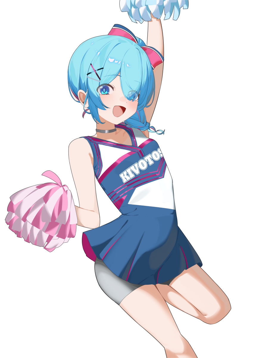 1girl absurdres arona_(blue_archive) black_choker black_shorts blue_archive blue_eyes blue_hair blush braid breasts cheering cheerleader choker clothes_writing hair_ornament hair_over_one_eye highres holding holding_pom_poms looking_at_viewer nakare2845 no_halo official_alternate_costume open_mouth pom_pom_(cheerleading) short_hair shorts simple_background single_braid small_breasts smile solo white_background x_hair_ornament