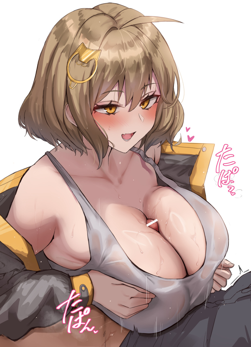 1boy 1girl anis_(nikke) bar_censor bare_shoulders black_jacket black_shirt breasts breasts_squeezed_together brown_eyes brown_hair censored commentary goddess_of_victory:_nikke grey_tank_top hair_ornament hetero highres huge_breasts jacket motion_lines multicolored_clothes multicolored_jacket off_shoulder open_mouth paizuri penis satou_aji shirt short_hair smile sweat symbol-only_commentary tank_top two-tone_jacket white_background yellow_jacket
