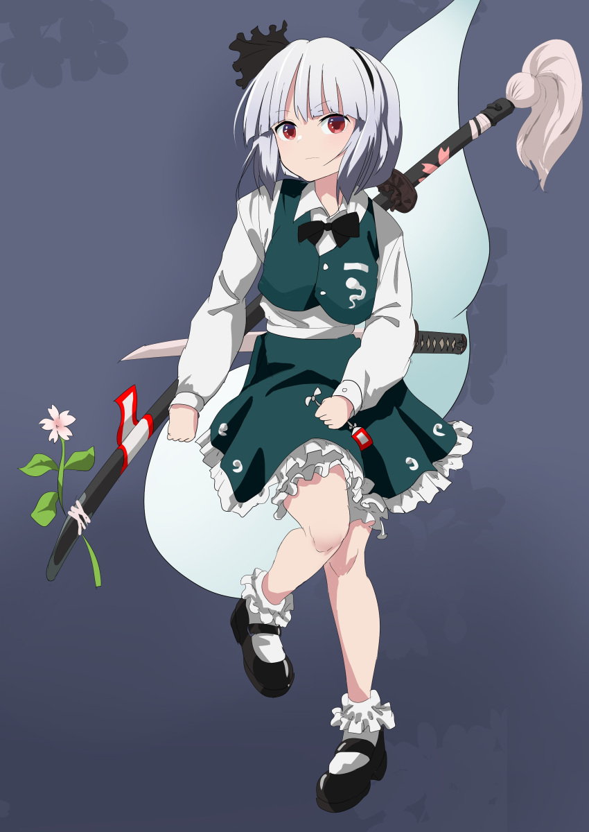 1girl absurdres black_bow black_bowtie black_footwear black_hairband black_ribbon blue_background blunt_bangs bob_cut bobby_socks bow bowtie collared_shirt commentary_request flower frilled_skirt frills full_body green_skirt green_vest grey_hair hairband highres hitodama_print katana konpaku_youmu konpaku_youmu_(ghost) long_sleeves mary_janes perfect_cherry_blossom puffy_sleeves red_eyes ribbon serious shirt shoes simple_background sitting skirt socks solo sword touhou vest wakizashi weapon white_shirt white_socks yuri_kowashi_(tetsukabuto_nuranura)