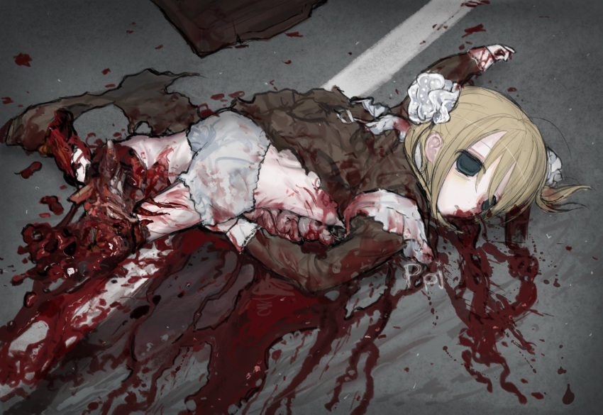 1girl accident blonde_hair blood blood_on_clothes blood_on_face briefcase broken_leg empty_eyes exposed_bone exposed_muscle expressionless green_eyes guro hair_ornament highres lying on_stomach original panties parted_lips pool_of_blood ppj705904378810 road school_briefcase school_uniform short_hair solo street torn_clothes underwear white_panties