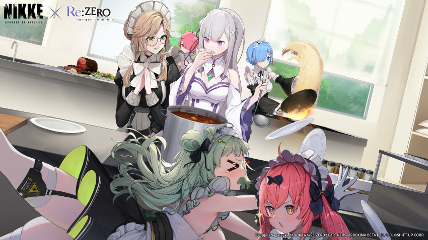6+girls absurdres ade_(nikke) ahoge artist_request black_dress black_ribbon blue_eyes blue_hair blunt_bangs blush bow breasts brown_eyes clumsy cocoa_(nikke) commentary cooking copyright_name cropped crossover crying cutting_board day detached_sleeves dress emilia_(re:zero) english_commentary english_text fire floating_hair food fried_rice fried_rice_prank_(meme) frilled_sleeves frills from_side gem glasses gloves goddess_of_victory:_nikke green_eyes green_gemstone green_hair grey_hair hair_bow hair_ornament hair_over_one_eye hairclip hands_up highres holding holding_ladle indoors juliet_sleeves ladle large_breasts long_hair long_sleeves looking_at_another looking_back maid_headdress meat medium_breasts meme multiple_girls neck_ribbon official_art open_mouth pink_hair plate profile puffy_sleeves purple_eyes ram_(re:zero) re:zero_kara_hajimeru_isekai_seikatsu red_eyes rem_(re:zero) ribbon roswaal_mansion_maid_uniform salad second-party_source short_hair soda_(nikke) spice steepled_fingers symbol-shaped_pupils tears thighhighs thighs tripping v-shaped_eyebrows white_dress white_gloves white_thighhighs wide_sleeves window wok x_hair_ornament
