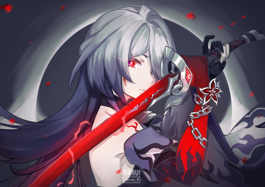 1girl acheron_(honkai:_star_rail) daru english_commentary glowing glowing_eyes hair_over_one_eye highres holding holding_sword holding_weapon honkai:_star_rail honkai_(series) katana long_hair looking_at_viewer official_alternate_color official_alternate_eye_color official_alternate_hair_color red_eyes single_bare_shoulder solo sword very_long_hair weapon
