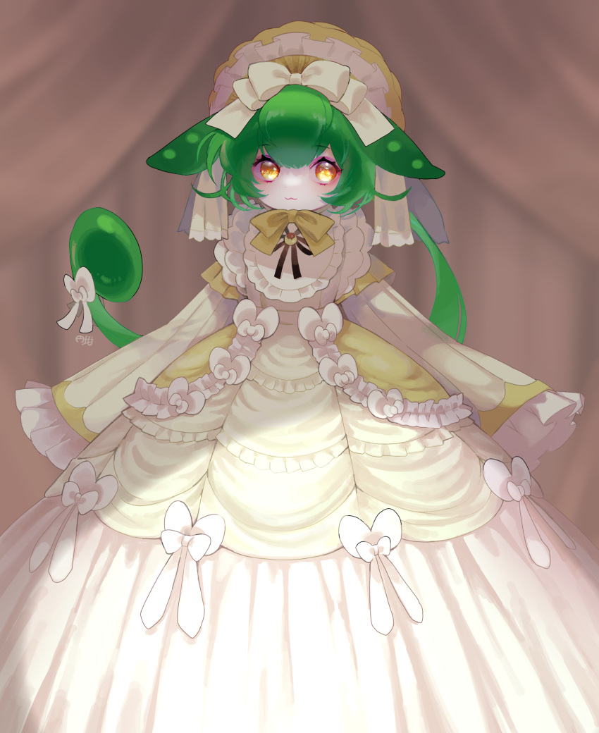 1girl :3 alternate_costume black_ribbon blush bonnet bow chin_strap closed_mouth commentary_request curtains dress eyeliner feet_out_of_frame frilled_dress frilled_sleeves frills green_hair hair_bow highres layered_dress lolita_fashion long_dress long_sleeves looking_at_viewer low_ponytail makeup marutsubo neck_ribbon ribbon sleeves_past_fingers sleeves_past_wrists solo standing voicevox white_bow yellow_eyes zundamon
