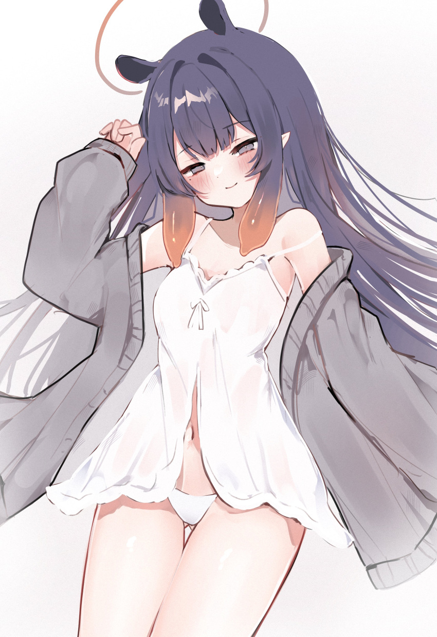 1girl absurdres alternate_costume ass_visible_through_thighs babydoll blush cardigan cowboy_shot english_commentary flat_chest grey_cardigan half-closed_eyes halo highres hololive hololive_english long_hair long_sleeves meiwowowo mole mole_under_eye navel ninomae_ina'nis open_cardigan open_clothes panties pointy_ears purple_eyes purple_hair simple_background sleeves_past_wrists smile solo tentacle_hair thigh_gap underwear virtual_youtuber white_babydoll white_background white_panties