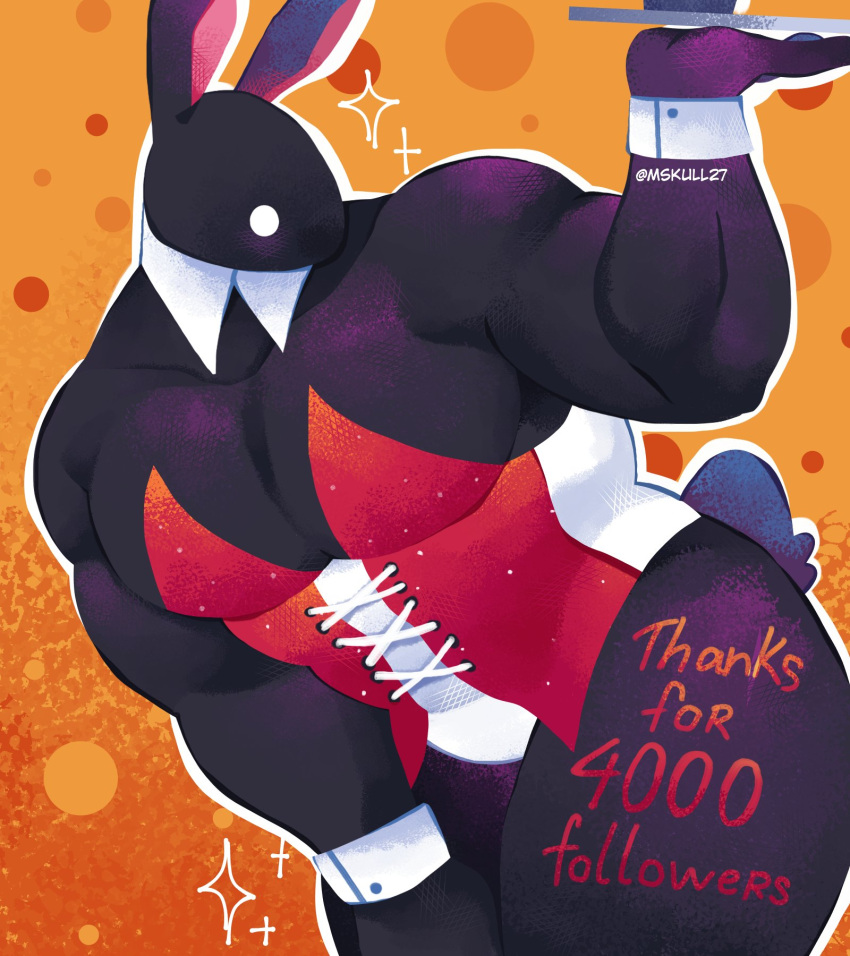 1boy animal_ears bara black_fur blush cowboy_shot crossdressing furry furry_male highres holding holding_tray huge_pectorals leaning_forward leotard male_focus male_playboy_bunny milestone_celebration mskull27 muscular muscular_male orange_background original pectoral_cleavage pectorals rabbit_boy rabbit_ears rabbit_tail red_leotard solid_circle_eyes solo sparkle standing tail thick_thighs thighs tray