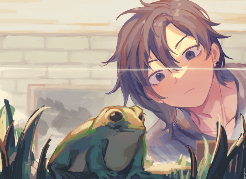 1boy aquarium bishounen black_eyes brown_hair closed_mouth ear_piercing frog grass highres looking_at_viewer male_focus piercing sebastian_(stardew_valley) short_hair solo stardew_valley upper_body yuugurin