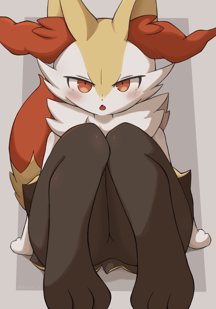 1girl animal_ear_fluff animal_ears animal_feet animal_nose arm_support arms_at_sides black_fur blush body_fur border braixen commentary fang feet fox_ears fox_girl fox_tail full_body furry furry_female grey_background grey_border highres knees_together_feet_apart knees_up leaning_back legs looking_at_viewer makugafin multicolored_fur neck_fur open_mouth outside_border pigeon-toed pokemon pokemon_(creature) red_eyes simple_background sitting skin_fang solo straight-on tail white_fur yellow_fur