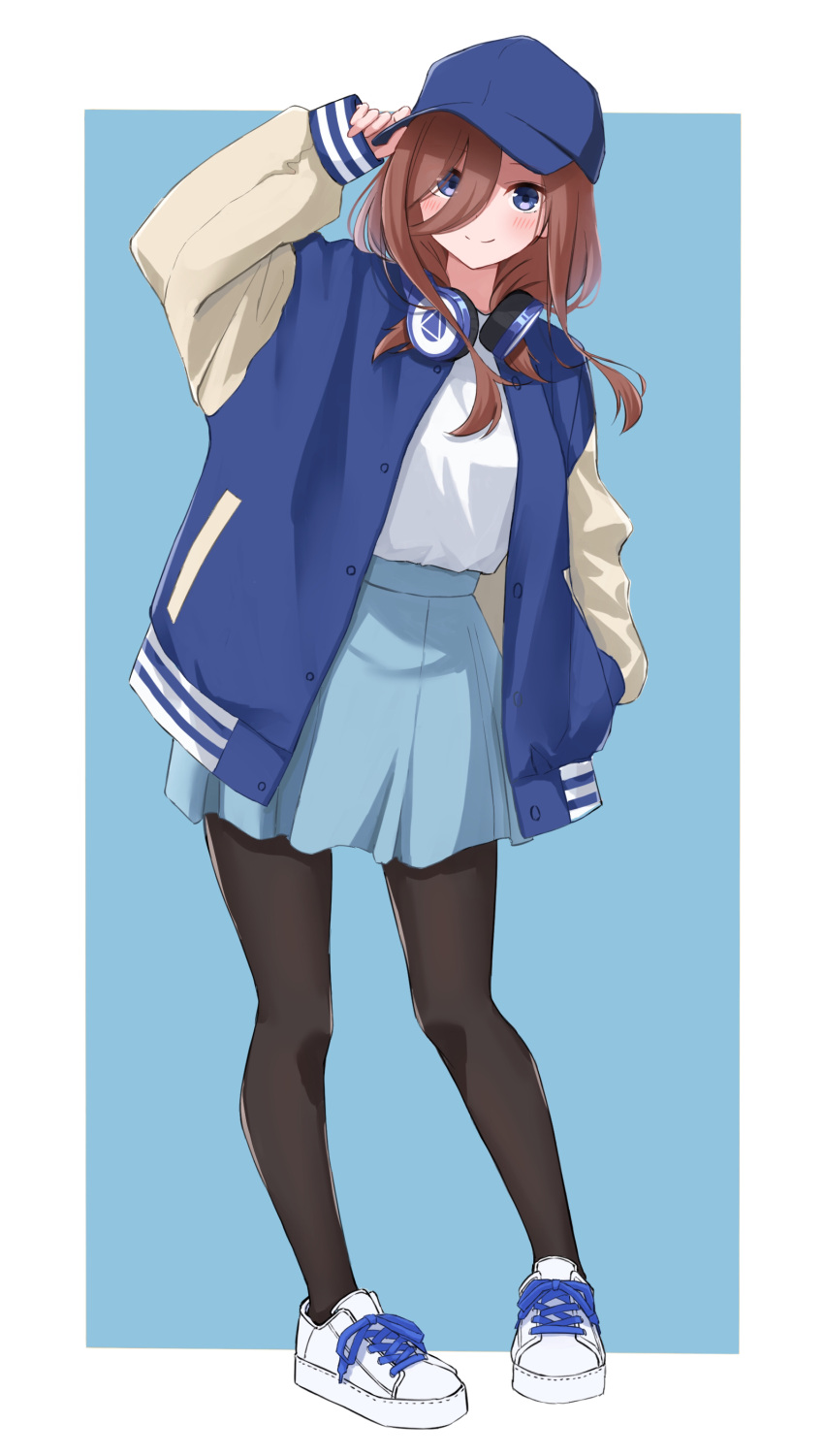 1girl absurdres baseball_cap black_pantyhose blue_background blue_eyes blue_hat blue_jacket blue_skirt blush breasts brown_hair closed_mouth commentary_request full_body go-toubun_no_hanayome hair_between_eyes hand_in_pocket hand_on_headwear hat headphones headphones_around_neck highres honorikiti jacket letterman_jacket long_hair long_sleeves medium_breasts nakano_miku open_clothes open_jacket pantyhose pleated_skirt puffy_long_sleeves puffy_sleeves shirt shoes skirt sleeves_past_wrists smile solo standing two-tone_background white_background white_footwear white_shirt