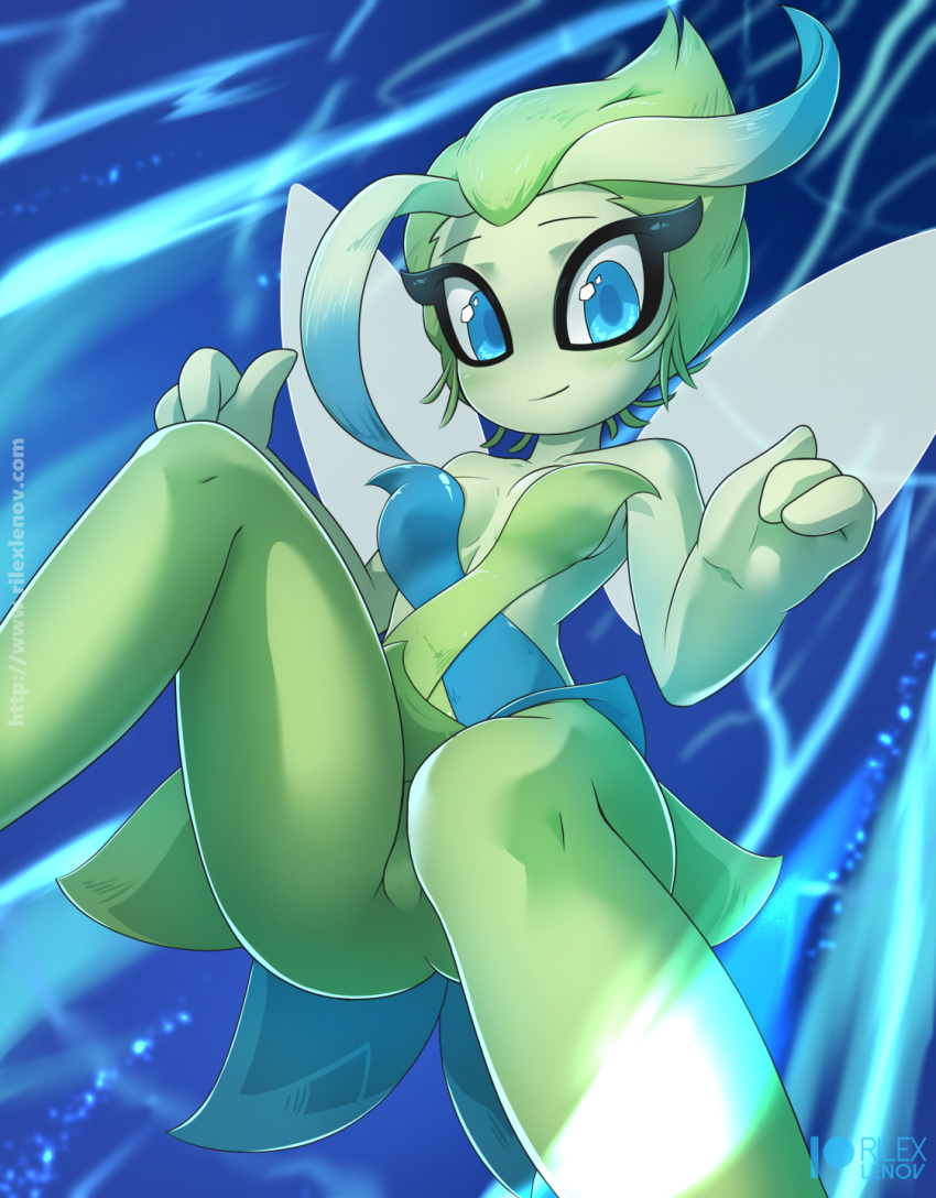 anthro blue_eyes blush breasts butt celebi clothing female generation_2_pokemon green_eyes green_hair hair hi_res humanoid insect_wings legendary_pokemon looking_at_viewer nintendo pokemon pokemon_(species) rilex_lenov small_breasts solo thick_thighs wings