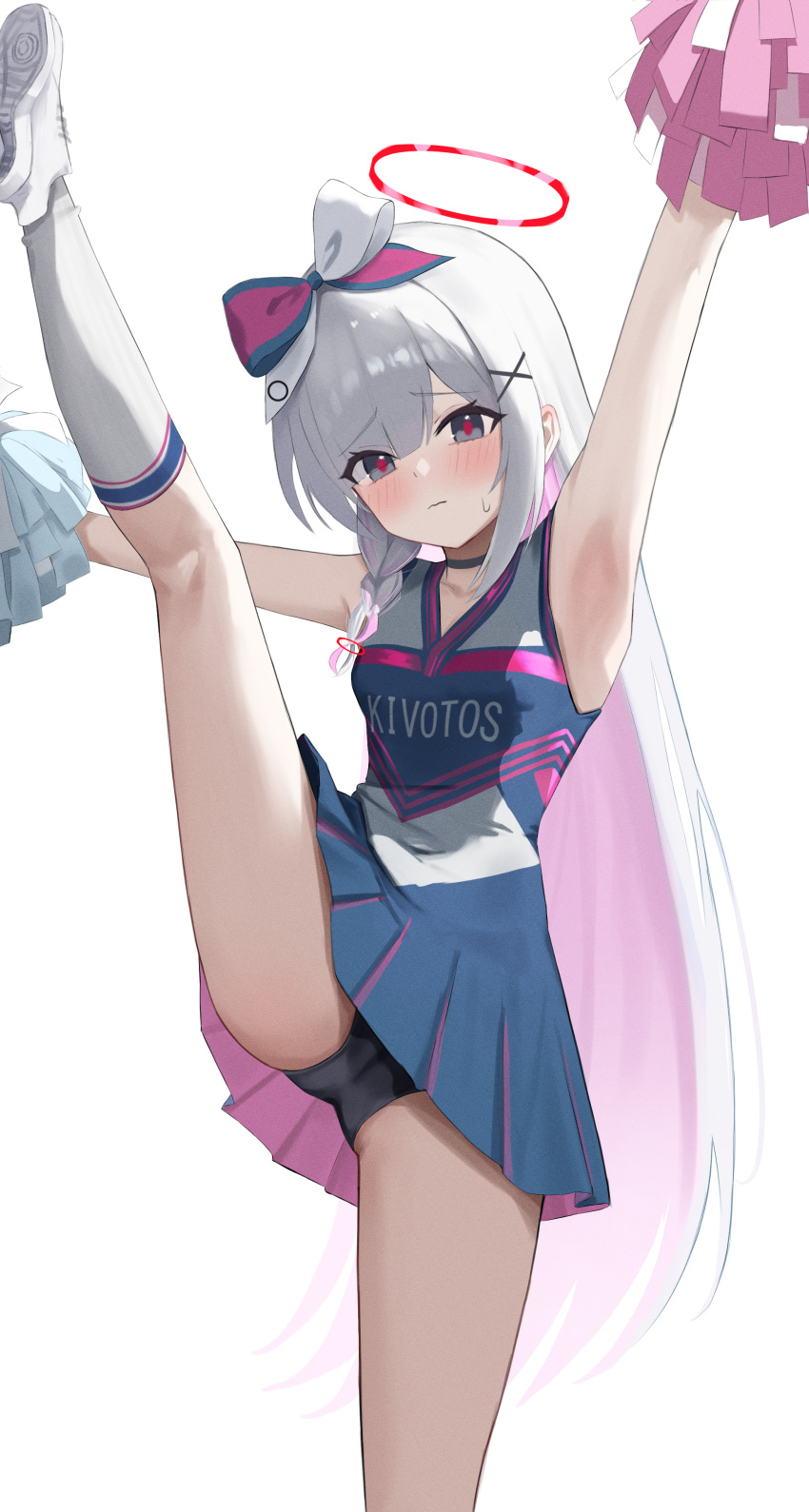 1girl absurdres arona_(blue_archive) arona_(blue_archive)_(cosplay) black_eyes black_panties blue_archive blush braid cheering cheerleader closed_mouth clothes_writing colored_inner_hair cosplay foot_out_of_frame grey_hair hair_ornament halo highres holding holding_pom_poms long_hair multicolored_hair neranainerune panties pink_hair plana_(blue_archive) pom_pom_(cheerleading) red_halo shoes simple_background single_braid socks solo standing underwear white_background white_footwear white_socks x_hair_ornament