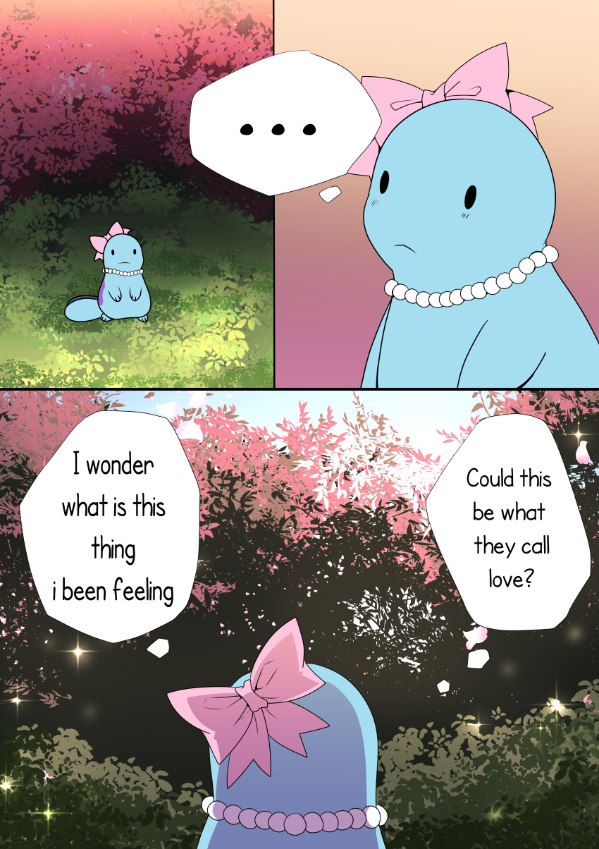 absurd_res accessory bow_ribbon detailed_background dialogue female feral generation_2_pokemon gradient_background hi_res leaf light loreking nintendo plant pokemon pokemon_(species) quagsire simple_background size_difference smaller_female solo sparkles sunlight text thought_bubble tree