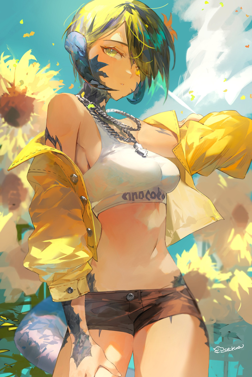 1girl absurdres artist_name au_ra bare_shoulders black_hair black_shorts blonde_hair blue_sky chain_necklace cloud cowboy_shot cropped_jacket curled_horns day dragon_girl dragon_horns dragon_tail expressionless final_fantasy final_fantasy_xiv flower hair_flower hair_ornament highres horns jacket jacket_partially_removed jewelry looking_at_viewer midriff multicolored_hair navel necklace open_clothes open_jacket outdoors parted_lips pendant scales shikina_(mochigushi_) short_hair short_shorts shorts signature sky solo sports_bra standing sunflower swept_bangs tail two-tone_hair warrior_of_light_(ff14) white_sports_bra yellow_eyes yellow_flower yellow_jacket