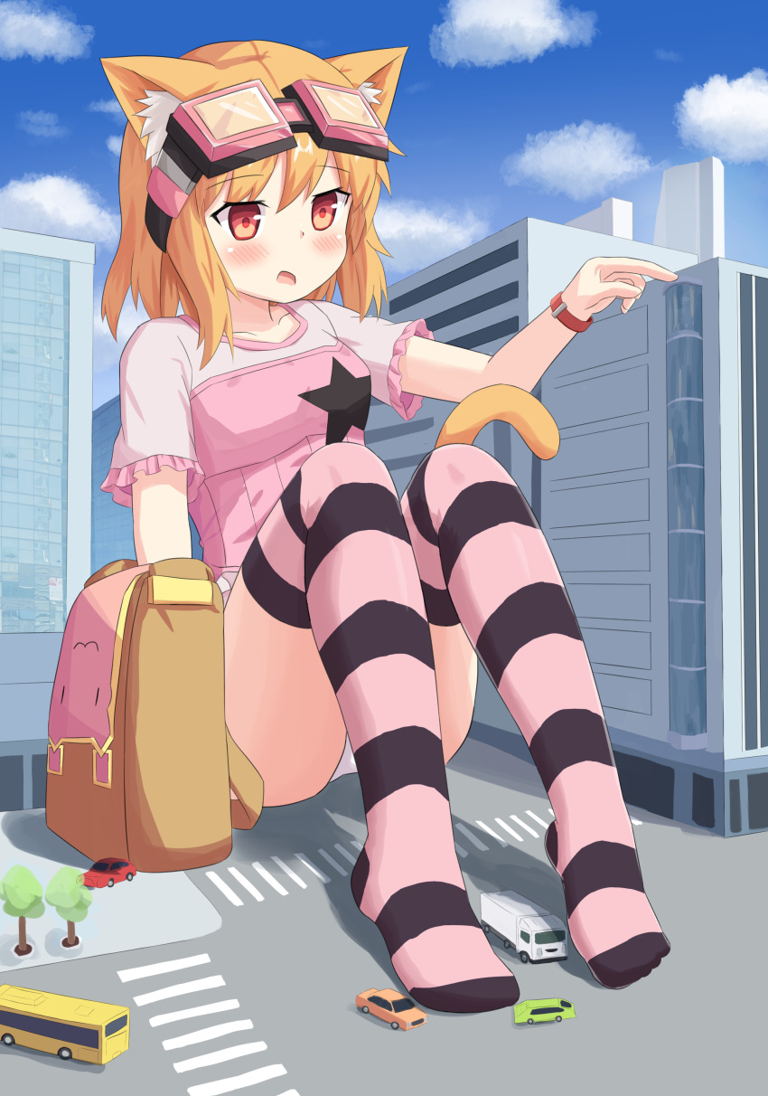 absurdres animal_ears bag blonde_hair blue_sky blush building car cat_ears cat_girl cloud cloudy_sky commission giant giantess glasses highres kneehighs knees motor_vehicle pink_shirt pixiv_commission rabi-ribi shirt sitting sky socks synring97 yellow_eyes