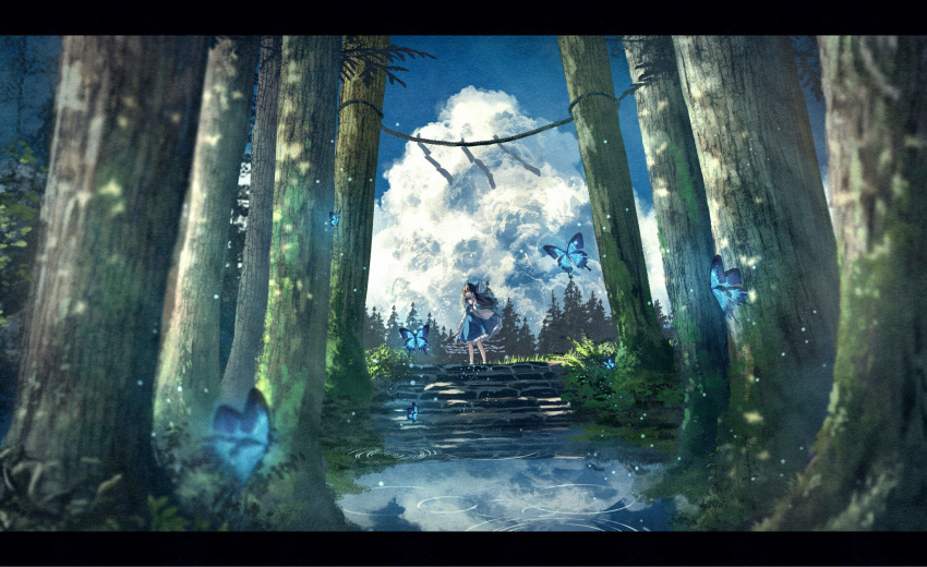 1girl alternate_color blue_butterfly blue_skirt blue_sky bug butterfly cloud cloudy_sky cumulonimbus_cloud forest hakurei_reimu highres nature puddle reflection reflective_water rope scenery shimekake shimenawa skirt sky solo stairs stone_stairs touhou tree wide_shot