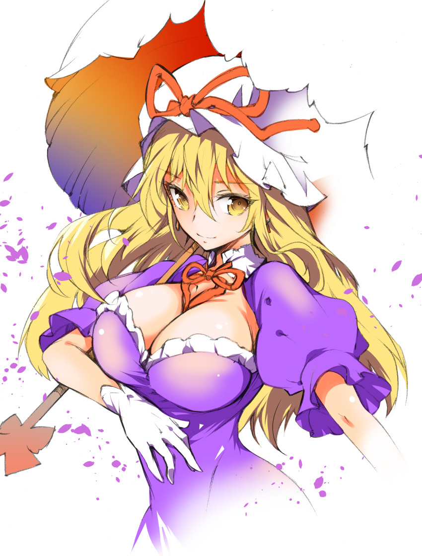1girl absurdres blonde_hair breasts cleavage dress frilled_hat frills gloves hat hat_ribbon highres ichizen_(o_tori) long_hair looking_at_viewer mob_cap one-hour_drawing_challenge puffy_short_sleeves puffy_sleeves purple_dress ribbon short_sleeves smile solo touhou umbrella upper_body white_background white_gloves white_hat yakumo_yukari yellow_eyes