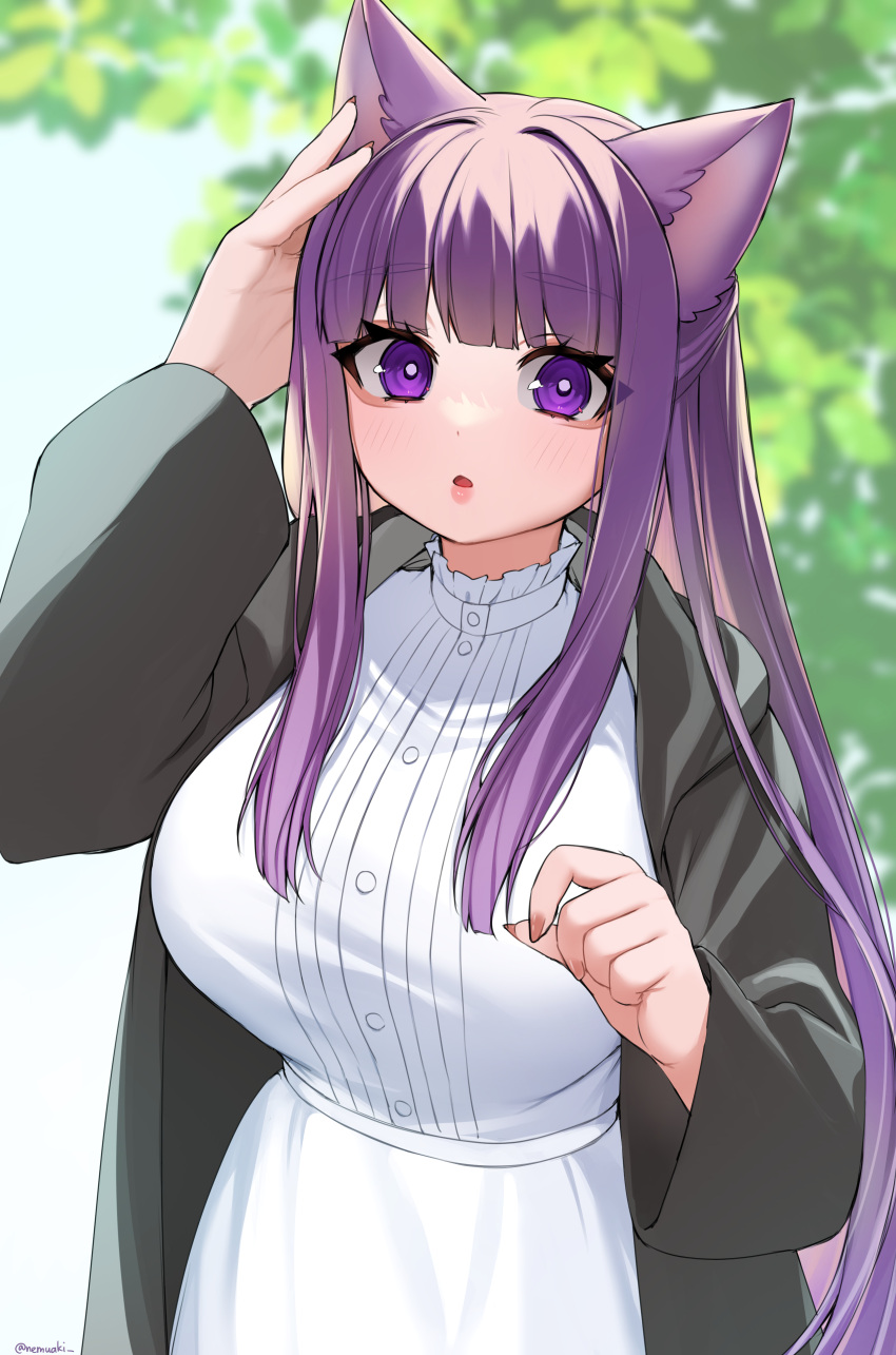 1girl absurdres animal_ears breasts bright_pupils cat_ears commentary_request dress fern_(sousou_no_frieren) hand_up highres kemonomimi_mode large_breasts long_sleeves nemuaki open_clothes parted_lips purple_eyes purple_hair solo sousou_no_frieren upper_body white_dress